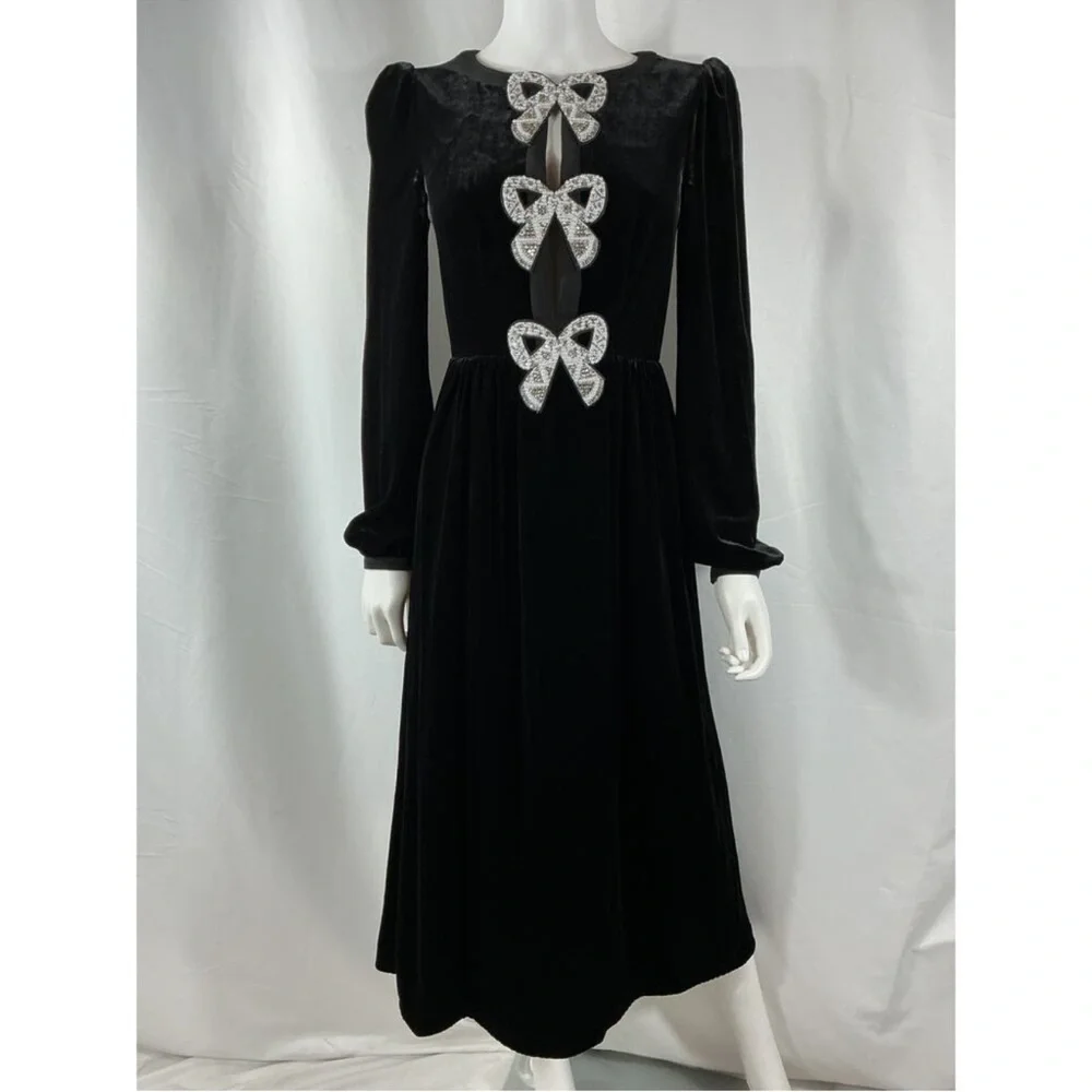 Saloni Camille Bow Velvet Midi Dress Black Embellished Size 2 NWT - Picture 5 of 9